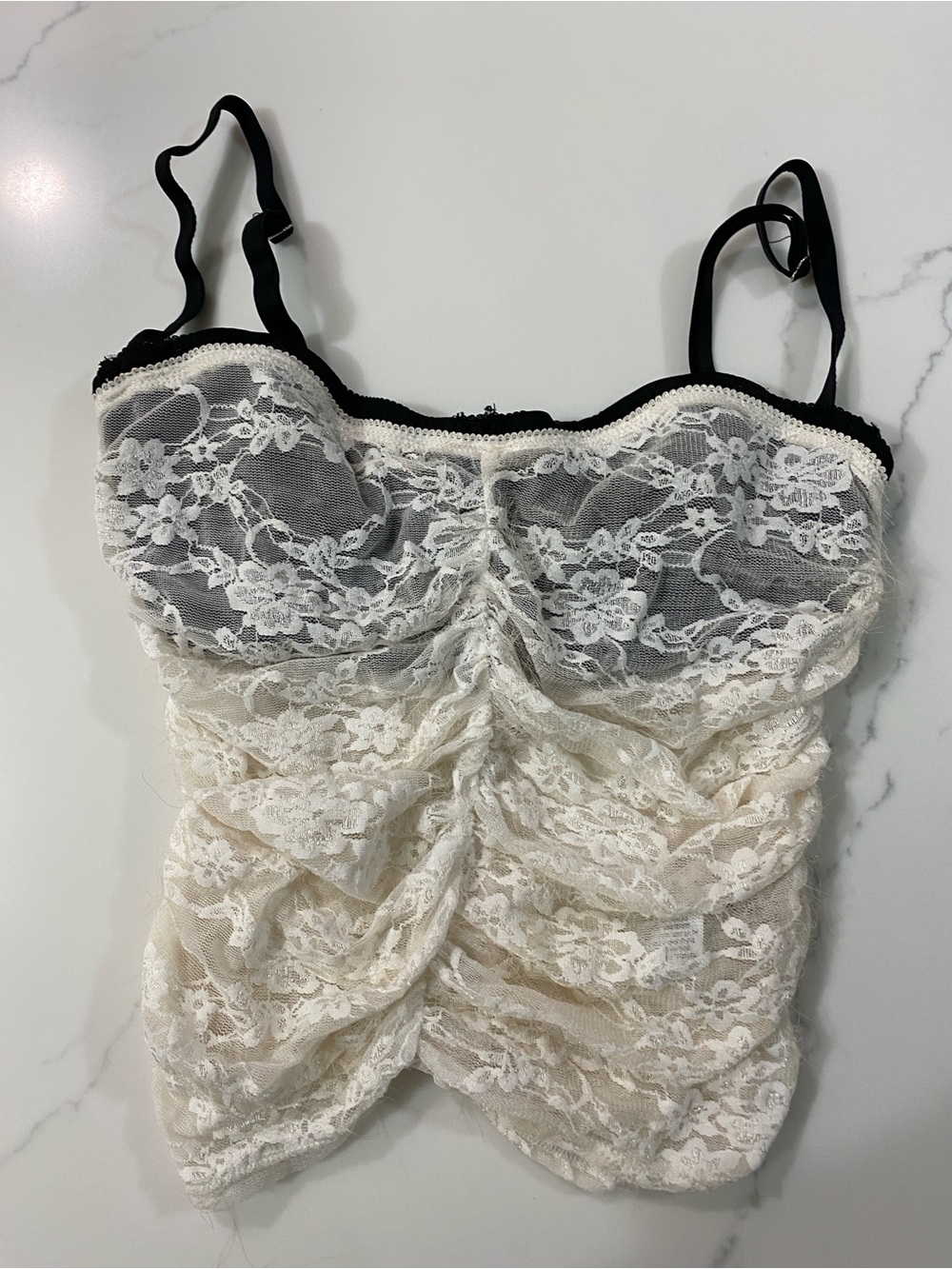 Edikted Ivory Lace Ruched Camisole Top with built-in Black Bra Size S